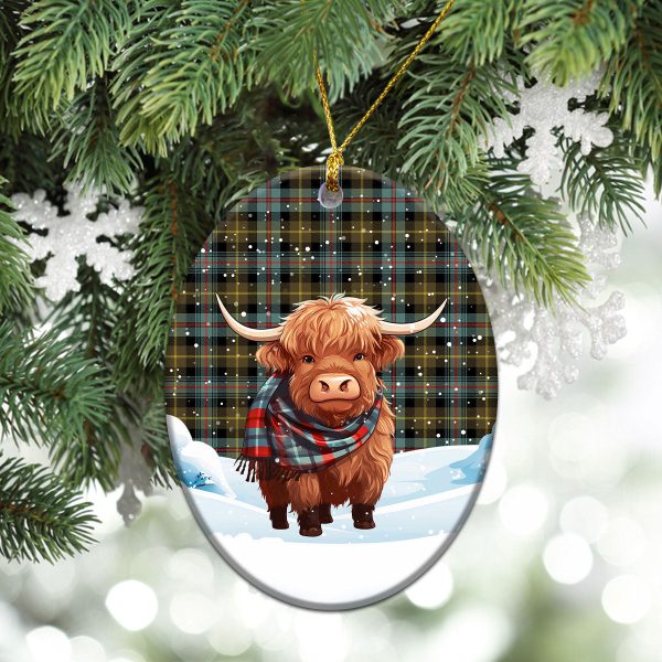 Farquharson Weathered Tartan Christmas Ceramic Ornament - Highland Cows Snow Style Fashion - Image 3