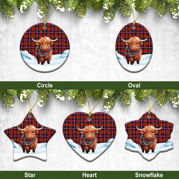 MacPherson Modern Tartan Christmas Ceramic Ornament - Highland Cows Snow Style For Sale