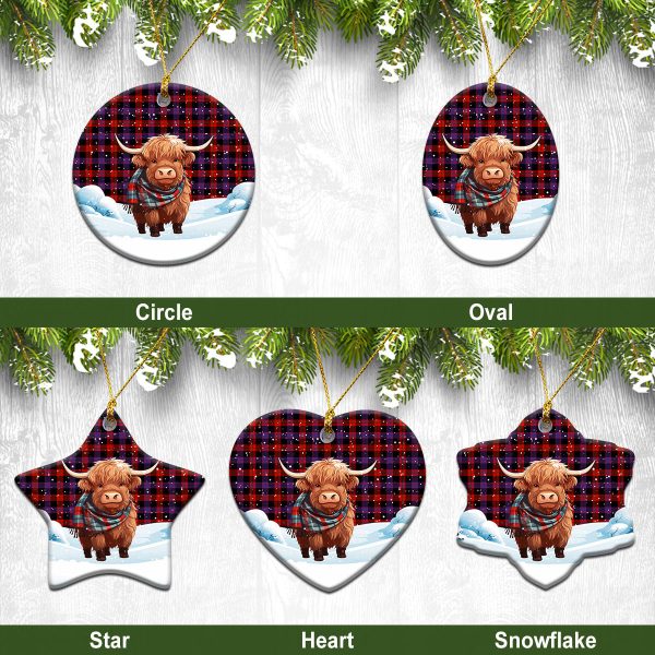 Brown Modern Tartan Christmas Ceramic Ornament - Highland Cows Snow Style on Sale