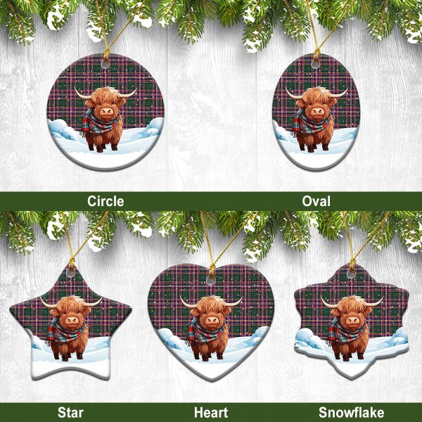MacFarlane Hunting Modern Tartan Christmas Ceramic Ornament - Highland Cows Snow Style on Sale