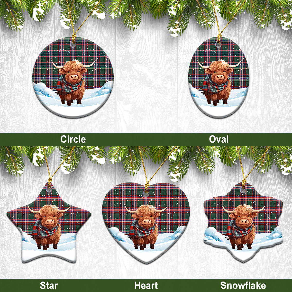 MacFarlane Hunting Modern Tartan Christmas Ceramic Ornament – Highland Cows Snow Style on Sale